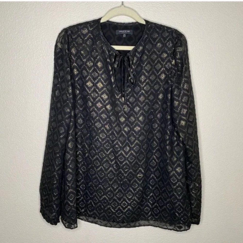 Lafayette 148 Black and Metallic Gold ikat Eli Blouse Size Medium